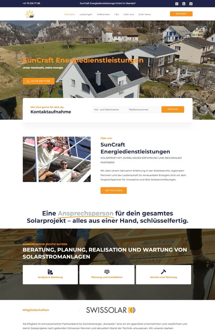 Scrollansicht der Website von SunCraft Energiedienstleistungen